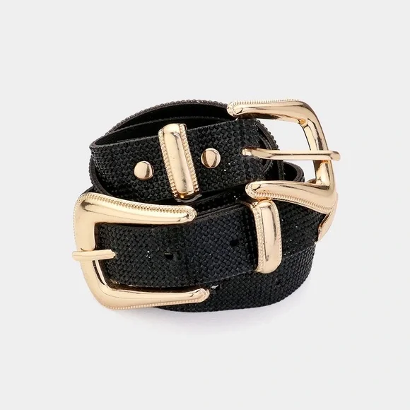 Black Rhinestone Pave Double Metal Buckle Statement Belt - Picture 2 of 2